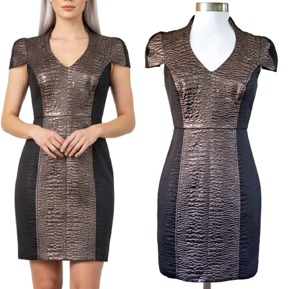 TIBI Metallic Jacquard Cocktail Party Sheath Mini Dress 4 Black Lilac Structured